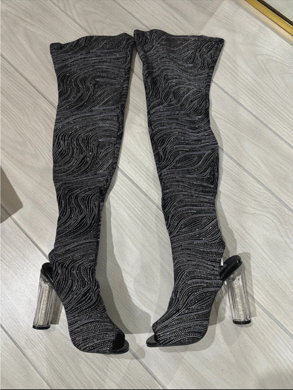 Cape Robbin Black Glitter Over-the-Knee Sock Boots with Clear Block Heel